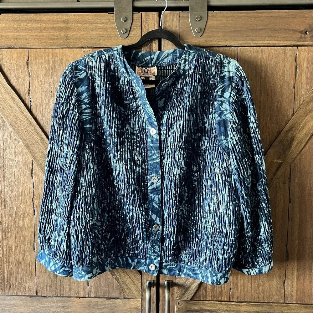 Gene Ewing Bis Vintage Boho Smocked Wrinkled Rich Denim Jacket Size Large
